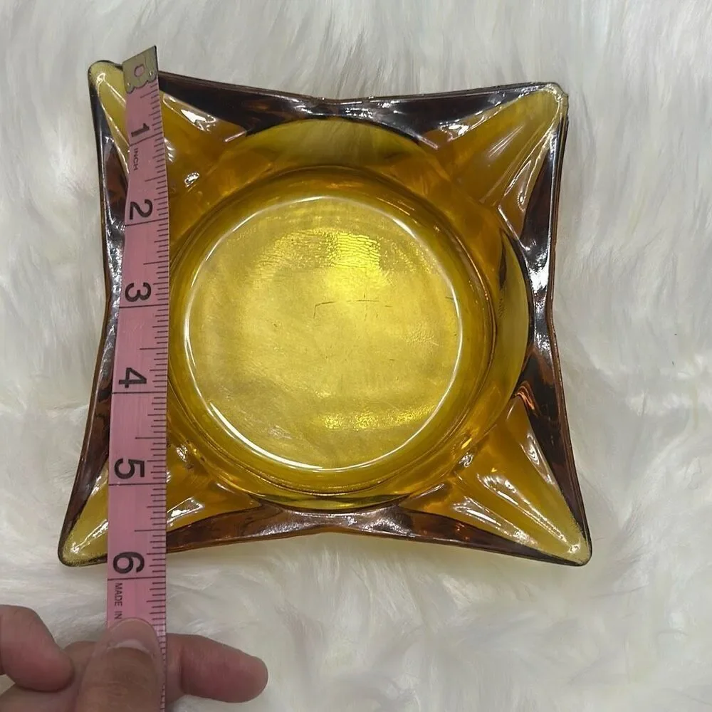 Vintage Retro Pointed Square Yellow Glass Ashtray Mid-Century Modern